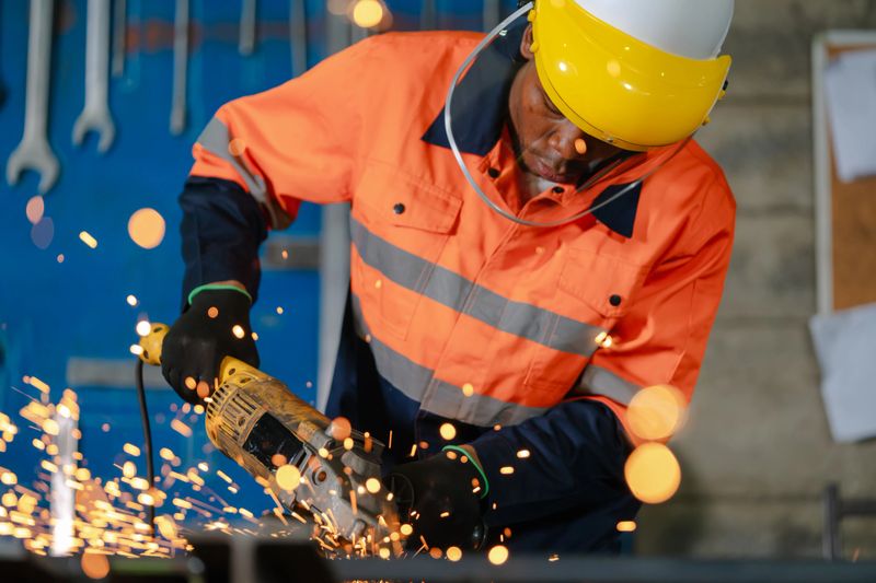 African worker uses a circular saw to shape steel. The industry comes alive in a symphony of sparks and machinery.