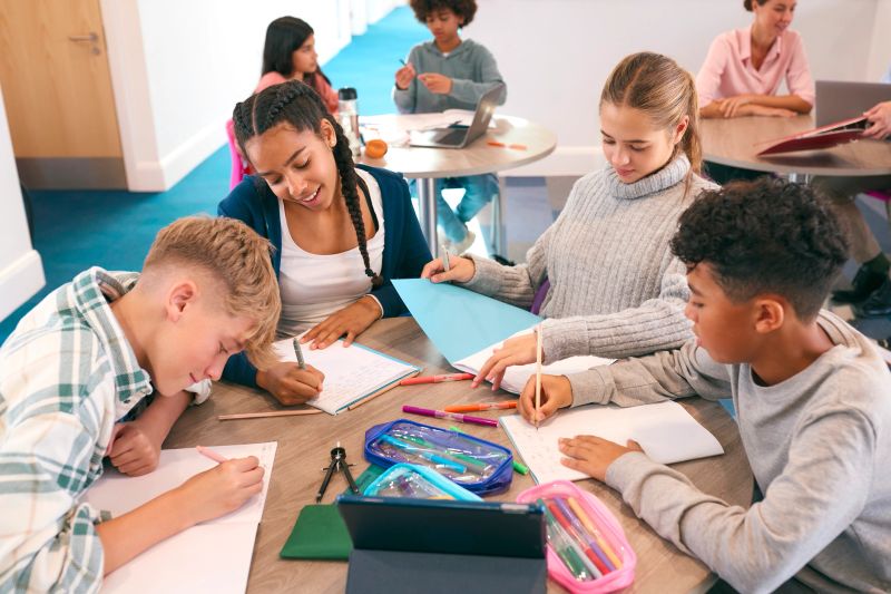 Secondary Or High School Students Collaborating In Study Area With Teachers In Background