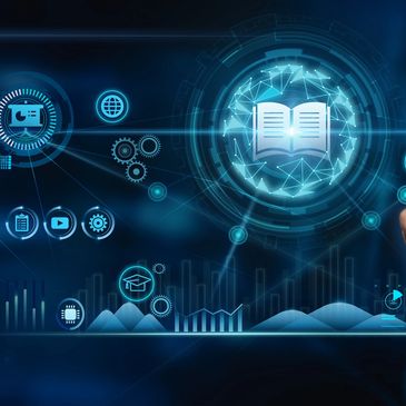 Hand interacting with digital e-learning icons and data graphs on a futuristic interface.