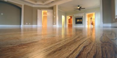 Spacious empty room with wooden floor and fireplace.