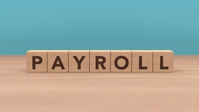 Wooden blocks spelling 'PAYROLL' on blue background – CPA payroll services and financial management.