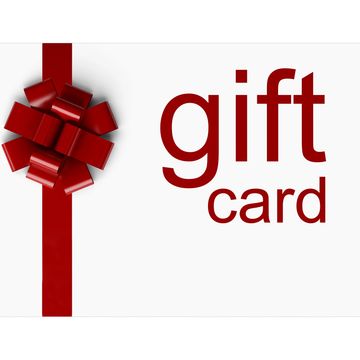White gift card with a red ribbon and bow design.