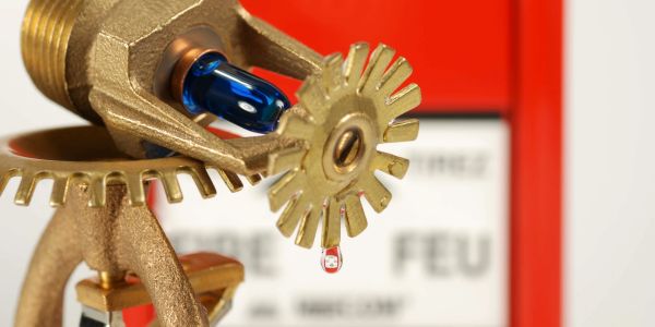 Close-up of a fire sprinkler head with a water droplet against a red fire safety sign.