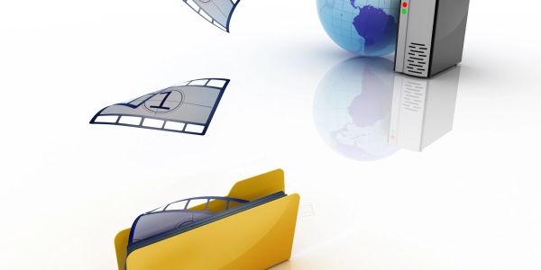 Digital video files transferring from a folder to a server with a globe symbolizing the internet.
