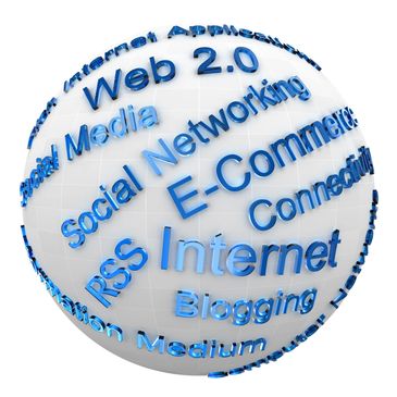 3D globe with digital marketing and internet-related terms in blue text.