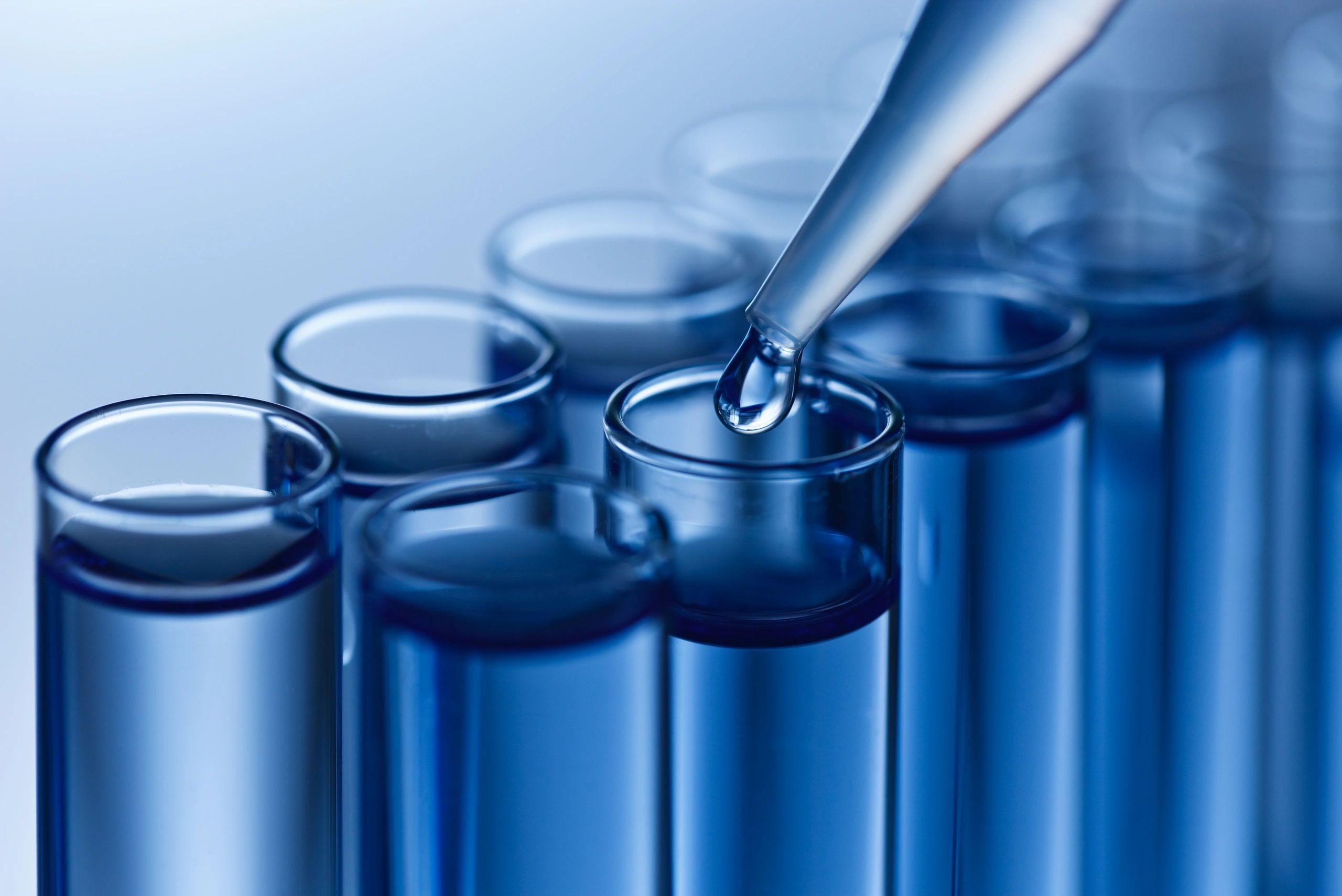 Close-up of a pipette dropping liquid into test tubes filled with blue liquid.