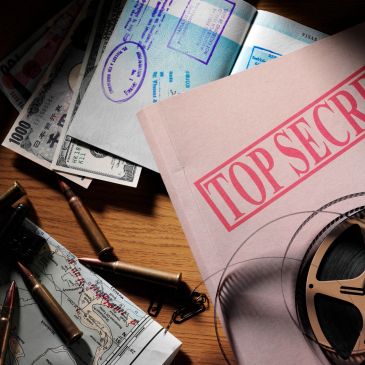Top secret folder with film reel, bullets, map, and foreign currency on wooden table.