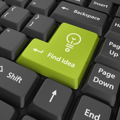 Keyboard with a bright green key labeled 'Find Idea' and a lightbulb icon.