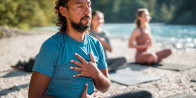 Man meditating near a river with others in the background.