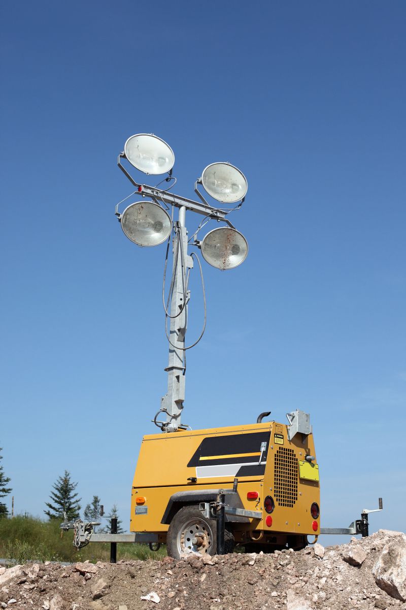 View of a trailer that provides light at a construction site.For similar pictures go to