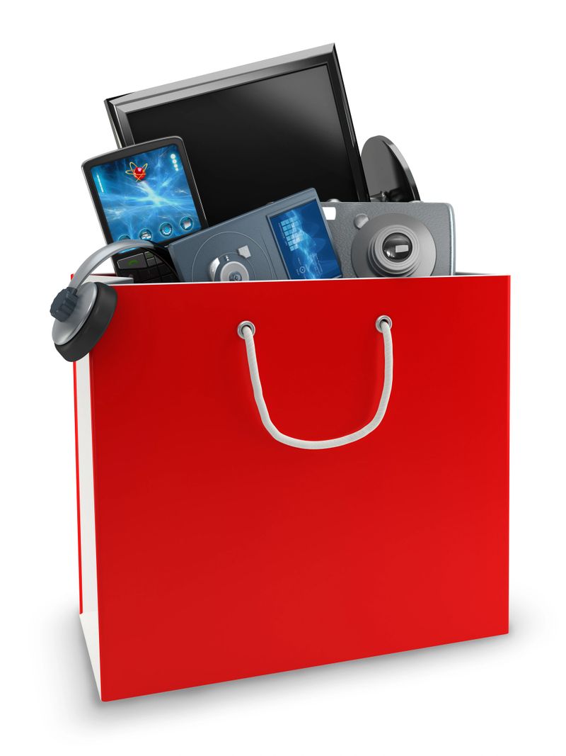 "Shopping  bag full of home electronics: A touchscreen phone, a widescreen LCD monitor, a digital camera and mp3 player... Isolated on white with clipping path. High resolution 3d rendering.Similar images:"