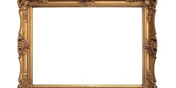 Empty ornate gold picture frame with white background.