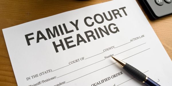 Family court hearing document with pen on it.