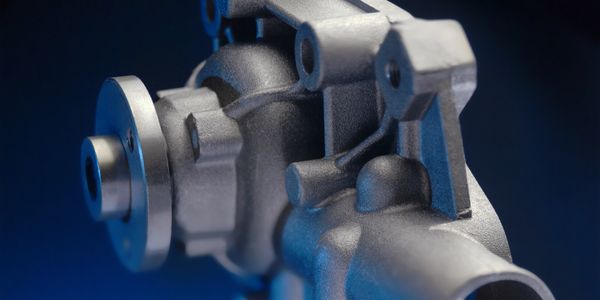 Close-up of a metallic automotive part on a blue background.