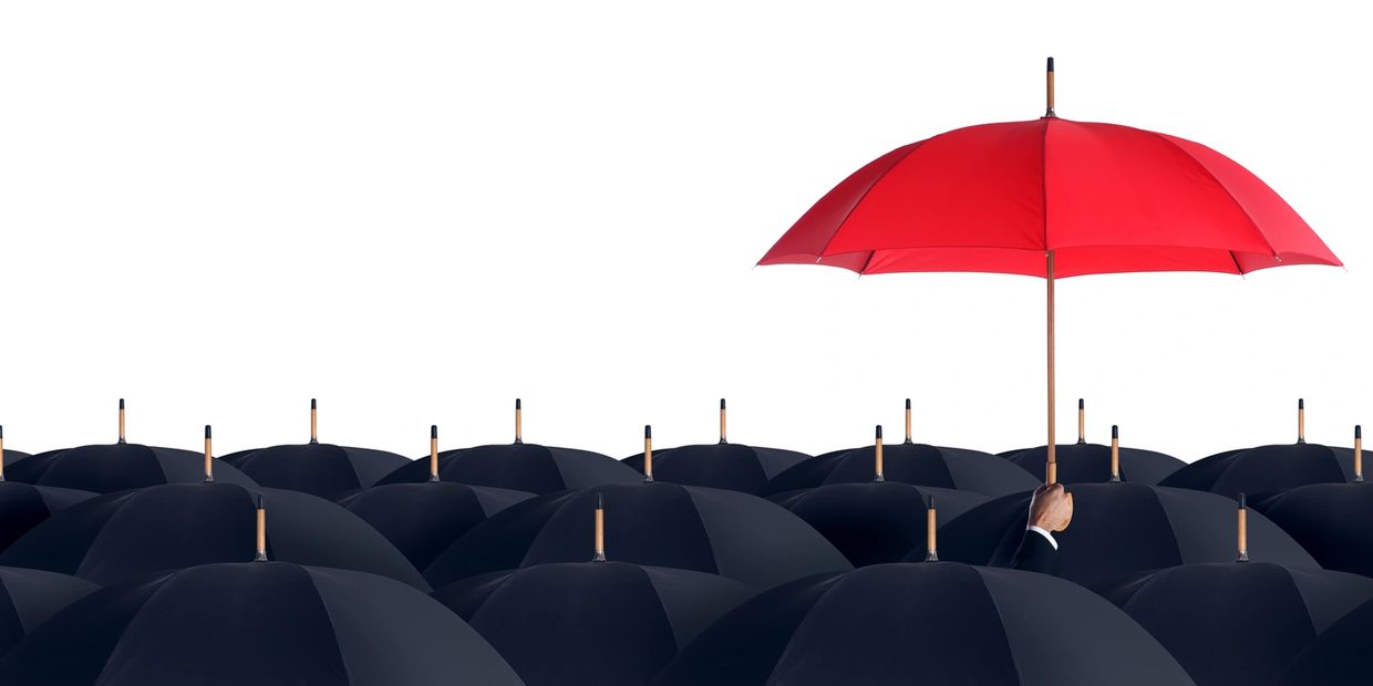 A single red umbrella stands out among many black umbrellas.