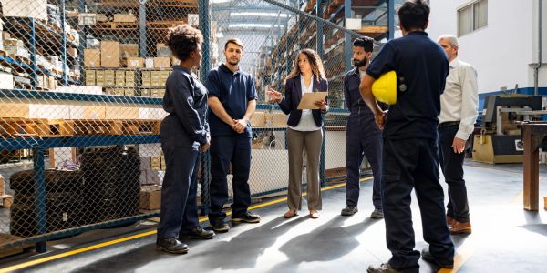 Team having a discussion in a warehouse.