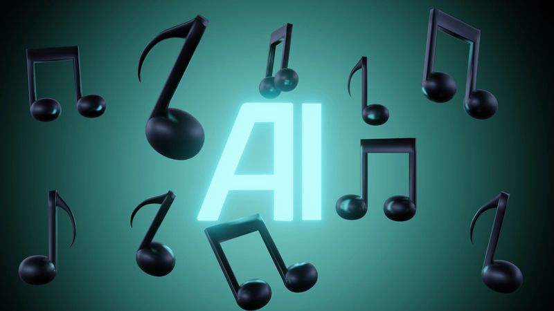 A 3D rendering of glowing AI symbols intertwined with musical notes represents the concept of artificial intelligence (AI) in music generation platforms