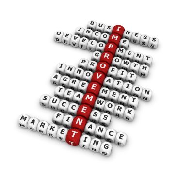 3D crossword highlighting 'IMPROVEMENT' with business-related words.