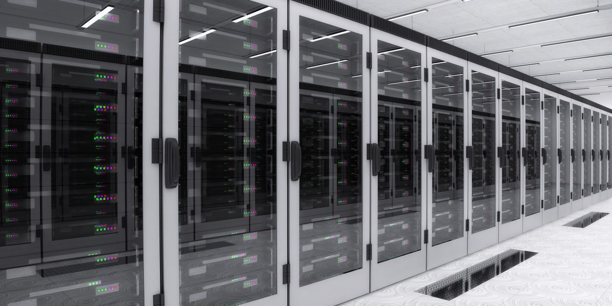 Modern data center server racks with glass doors.