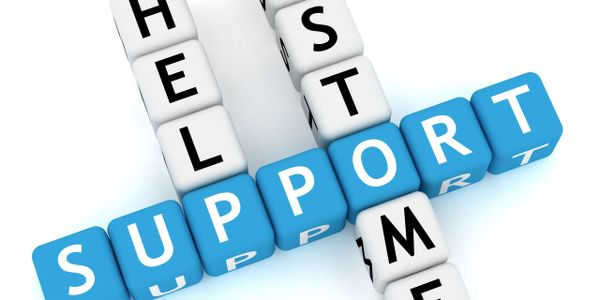 3D crossword cubes spelling HELP, CUSTOMER, and SUPPORT in blue and white.