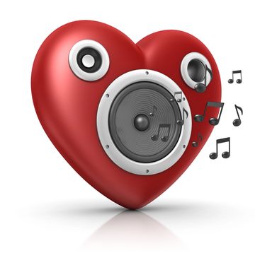 A red heart-shaped speaker emitting musical notes.