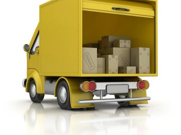 Yellow delivery truck with packages.