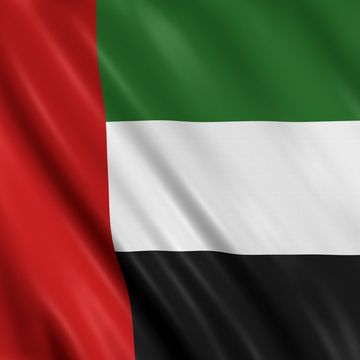 Waving flag of the United Arab Emirates with red, green, white, and black colors.