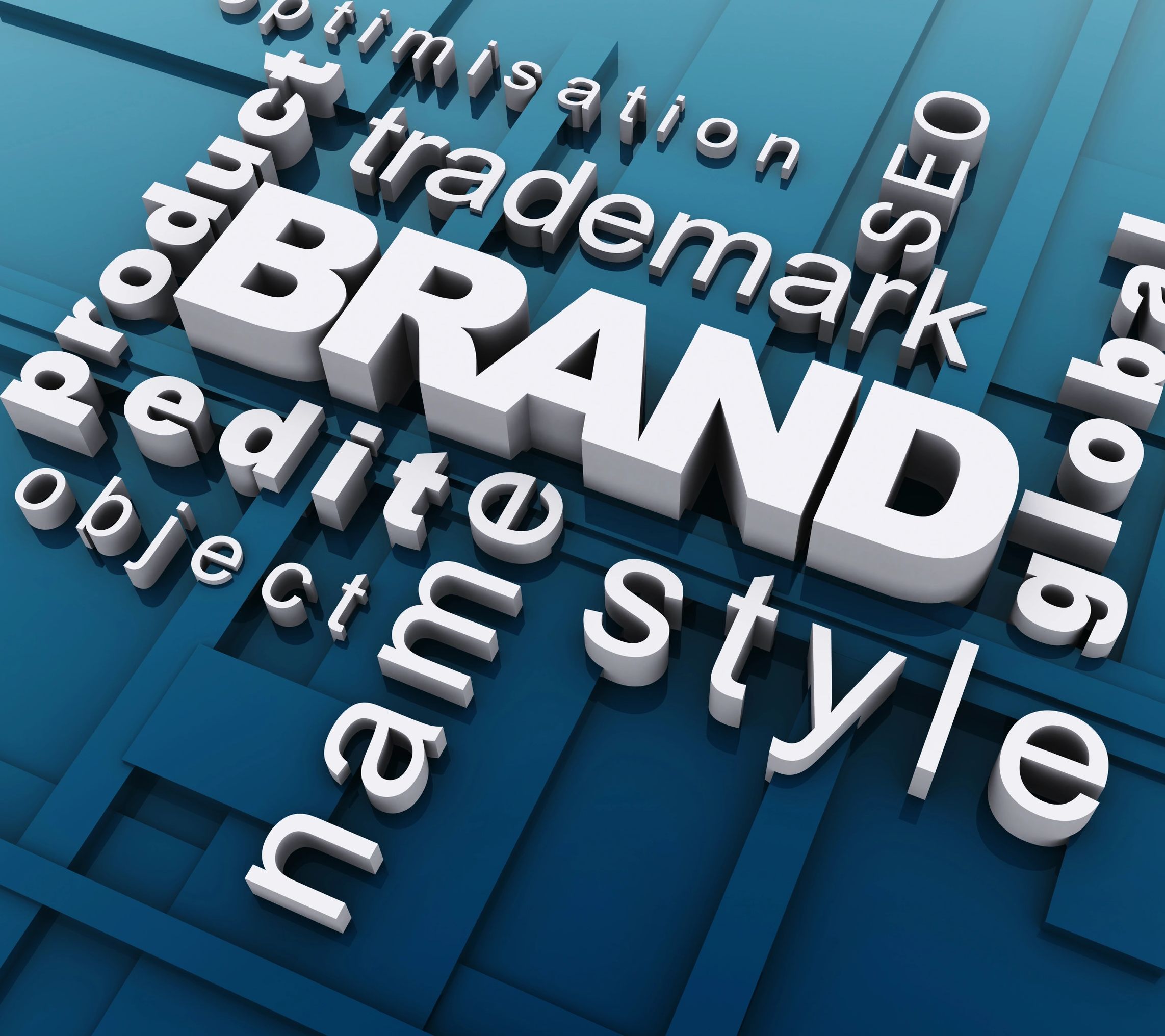 3D words on a blue background highlighting 'BRAND' and related terms.