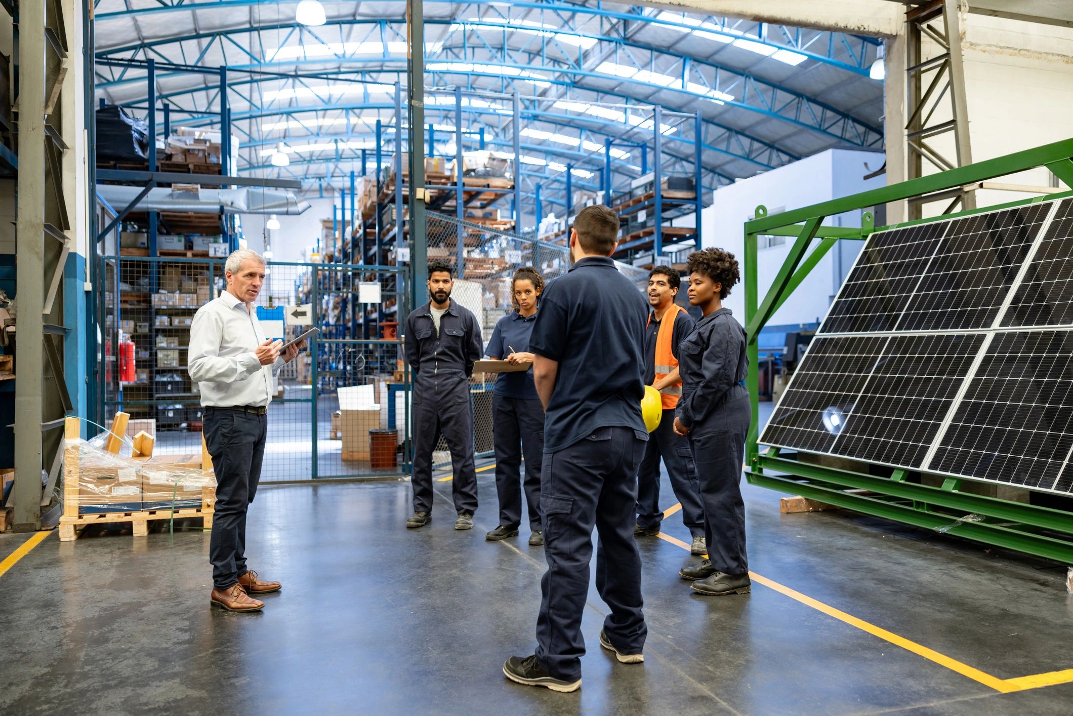 A group of workers listening to a supervisor in a warehouse with solar panels.