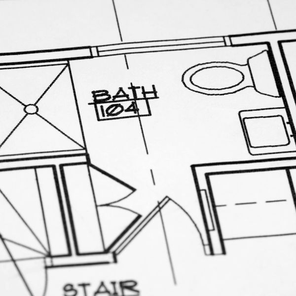 Section of an architectural plan in black and white. The word BATH is written in architectural font.
