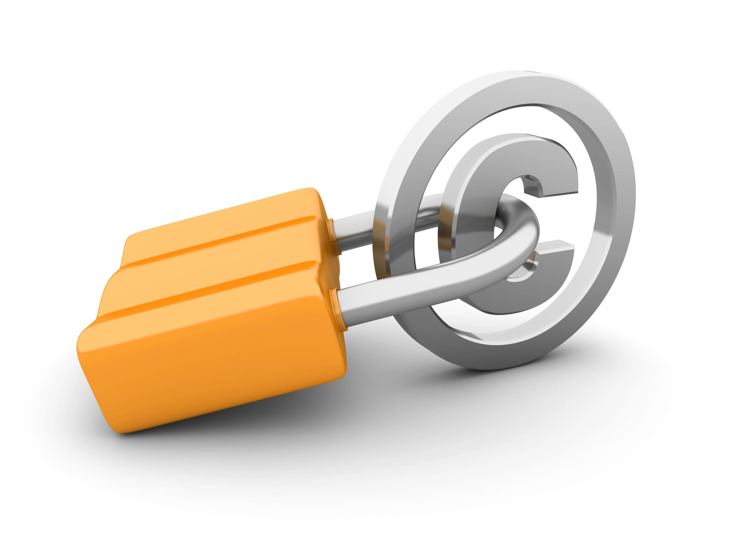 Orange padlock securing a silver copyright symbol.