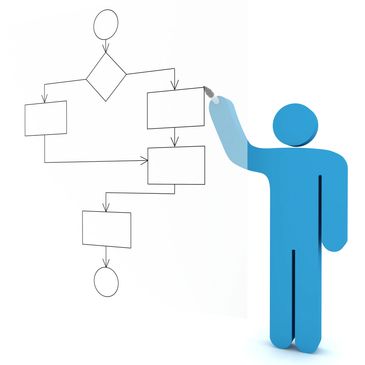 Blue figure drawing a flowchart with decision and process boxes.