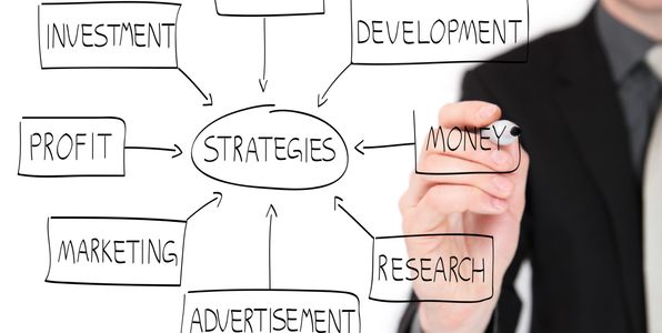 Business strategy elements connected on a transparent board by a person in a suit.