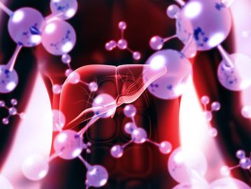 Digital illustration of liver and molecular structures inside a human torso.