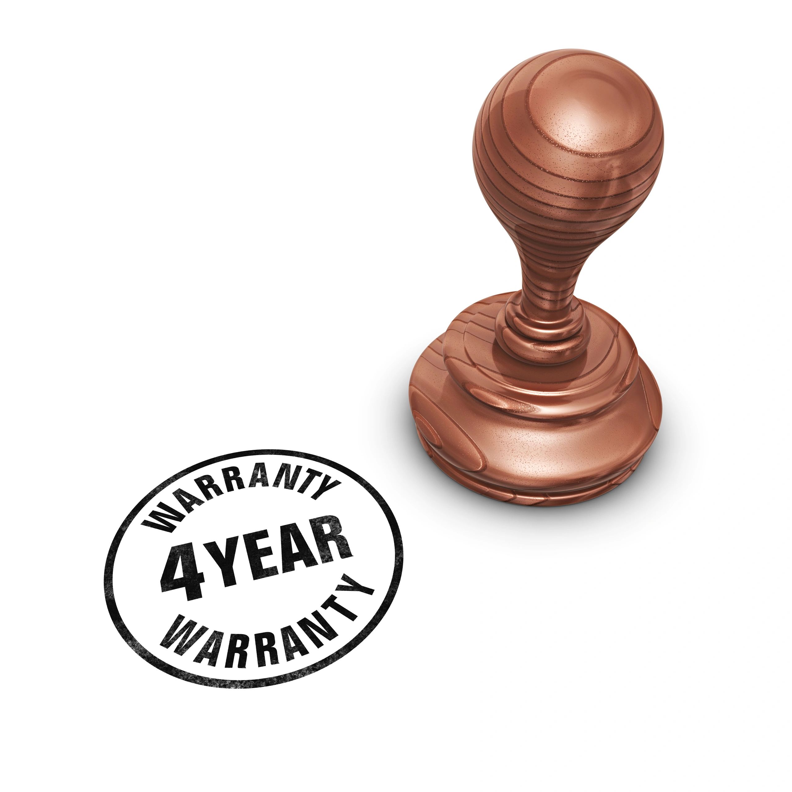 A bronze chess pawn next to a 4-year warranty stamp.