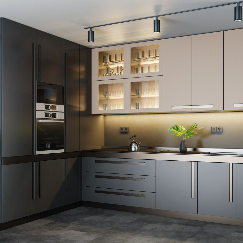 Modern kitchen with sleek cabinetry and under-cabinet lighting.