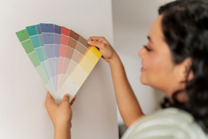 Woman choosing color swatch of the wall at home