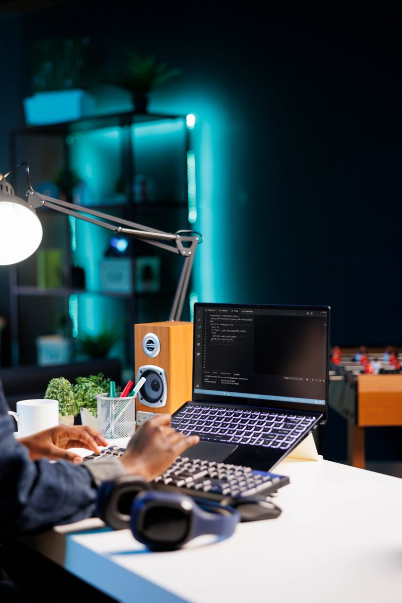 African American person working at a desk coding software on digital laptop. Image showcasing black female individual doing machine learning on her personal computer, monitoring data center system.