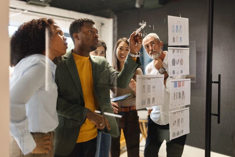 Black man presenting his ideas on a glass wall during a business meeting
