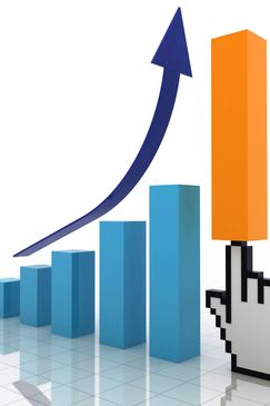 3D bar graph with upward arrow and cursor hand.
