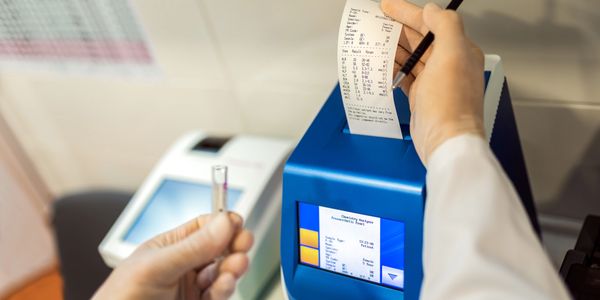 Scientist analyzing data from a lab machine printout.
