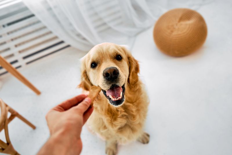 Crop of male hand offering treat cookie to obedient golden retriever. Adorable adult dog receiving reward from male keeper during common time spending at home.