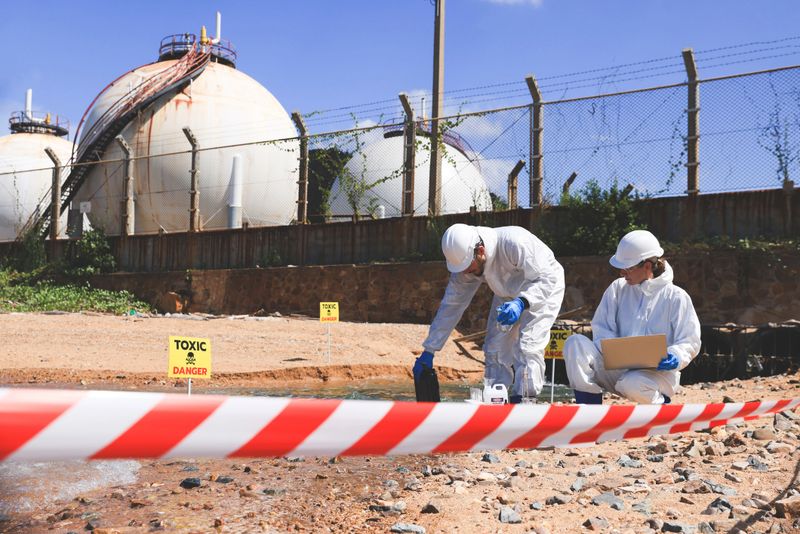 Scientists or biologists wear protective clothing  collect water drains from factories to analyze wastewater