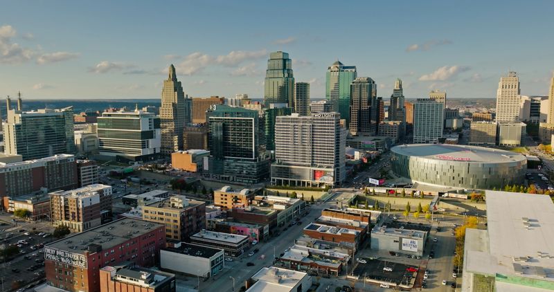 Aerial still image of Power and Light District in downtown Kansas City, Missouri on a sunny day in Fall with scattered clouds. 

Authorization was obtained from the FAA for this operation in restricted airspace.