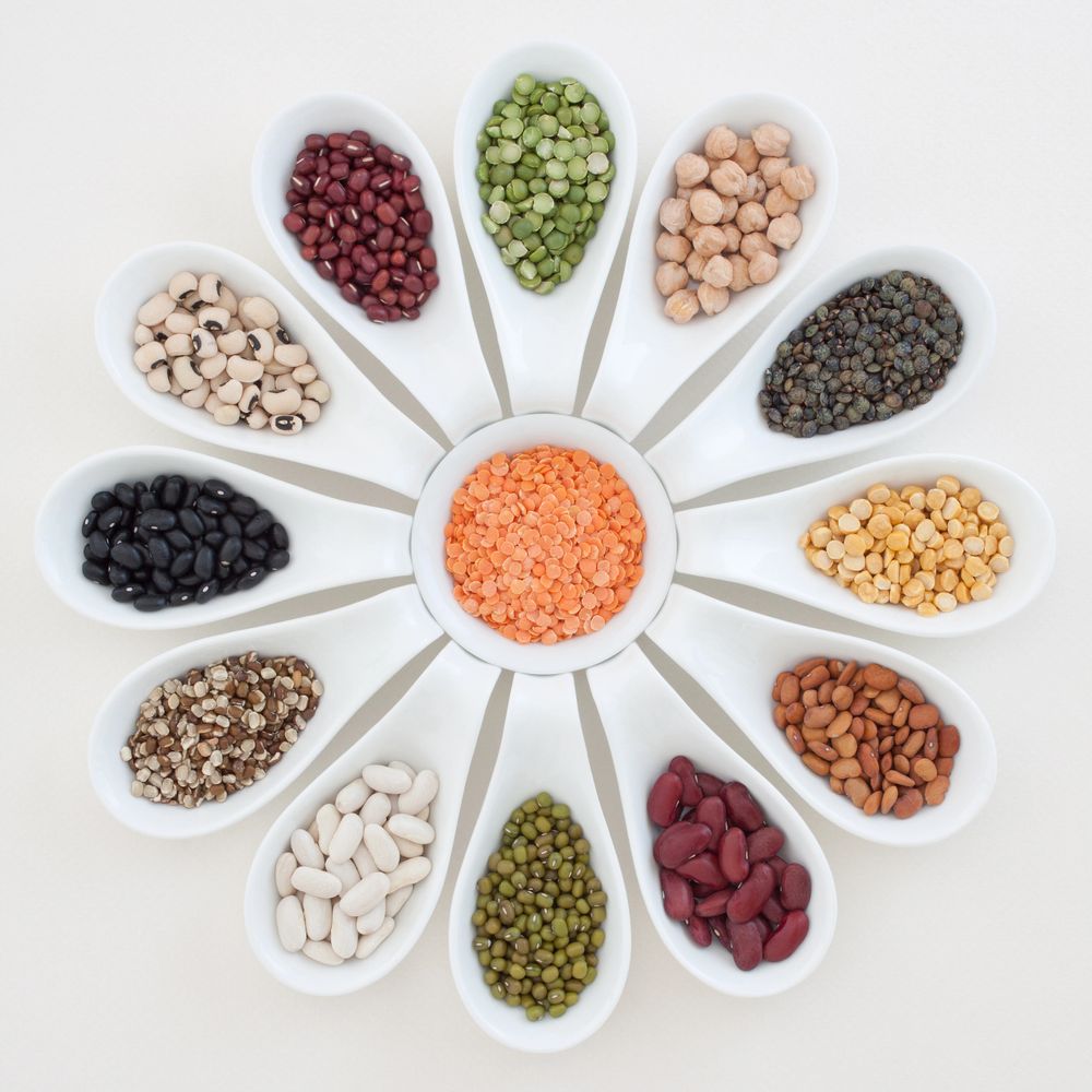 Various colorful legumes arranged in white spoons in a circular pattern.
