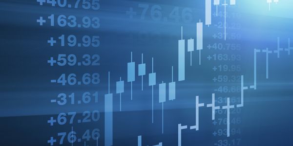 Blue-toned stock market candlestick chart with numerical data overlay.
