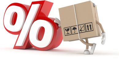 Box character pushing a large red percentage symbol.