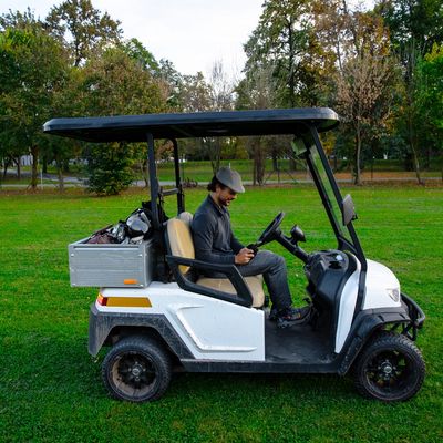 Man sitting in a golf cart on a grassy field.