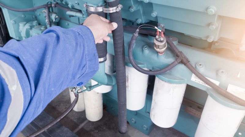 Technician hold the hosen engine breather on  engine diesel power generator. component crankcase  breather hose on the engine system.
