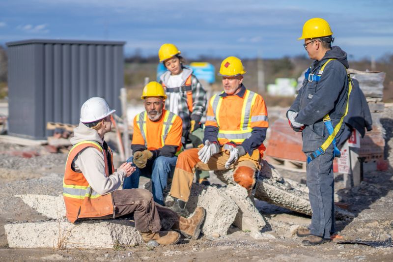 A small group of construction workers and a forewoman, gather around as they collaborate their ideas to successfully execute the days tasks together.  They are each wearing proper safety gear and are focused on the conversation.